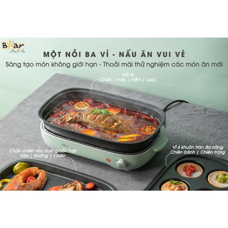 Nồi bếp lẩu nướng điện đa năng mini Bear D12Z4 3 khay, tích hợp 3 trong 1, Dùng cho gia đình tiện lợi, Bảo hành 12 tháng