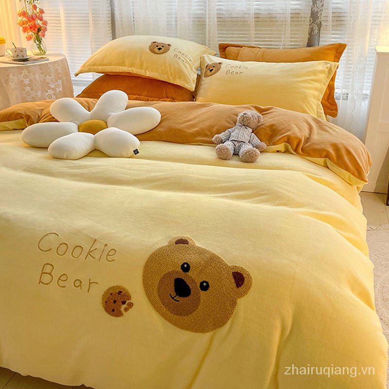 Spot Bộ chăn ga và vỏ gối bằng vải nhung hai mặt họa tiết hoạt hình dễ thương N12n
