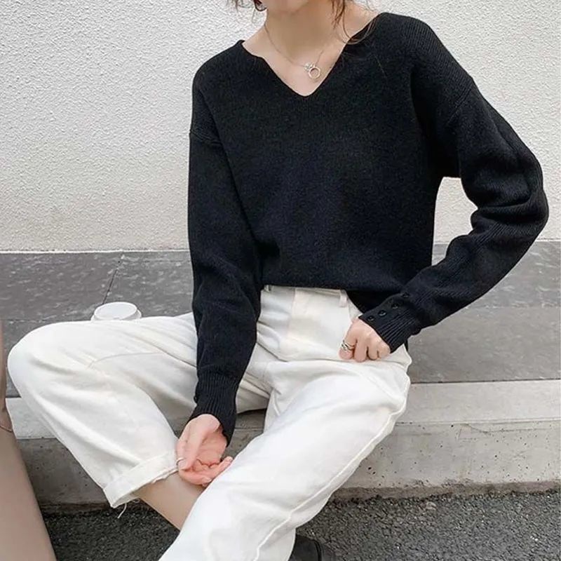 Áo sweater cổ chữ V mềm mại thiết kế dáng rộng phong cách Hàn Quốc thời trang thu đông cho nữ