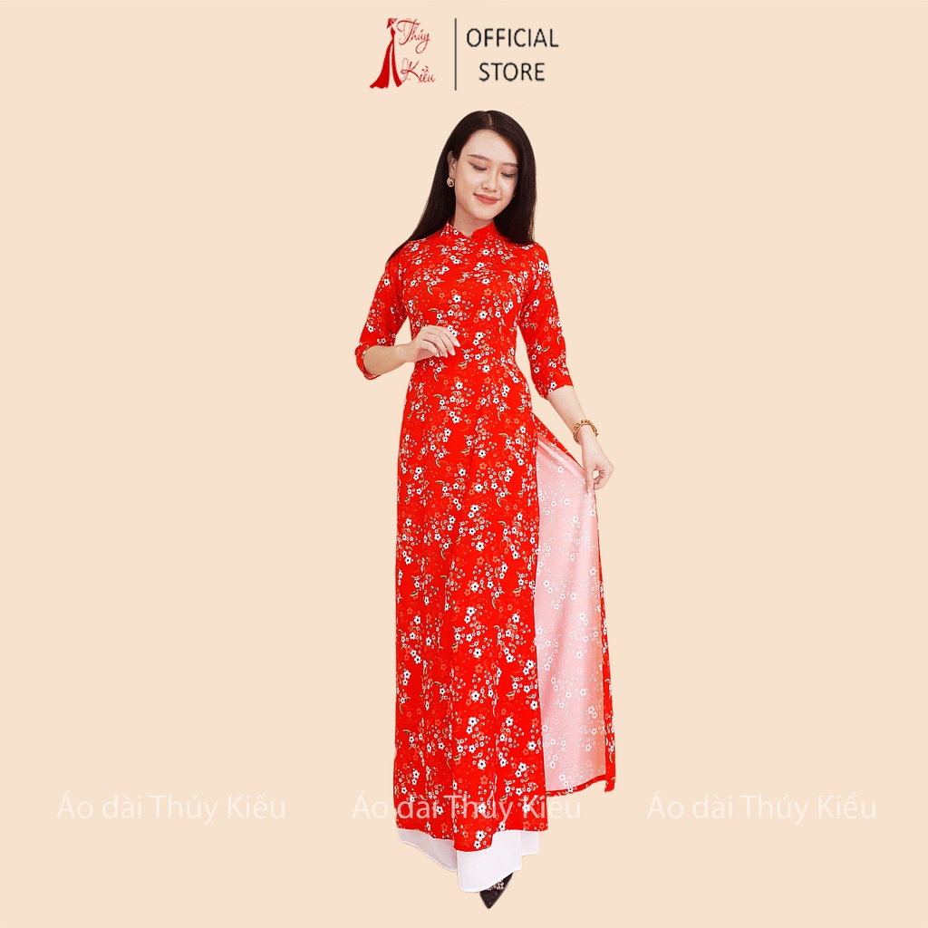 Áo dài may sẵn thiết kế nữ đẹp cách tân tết đỏ hoa nhí HN05 Thúy Kiều mềm mại, co giãn, áo dài giá rẻ