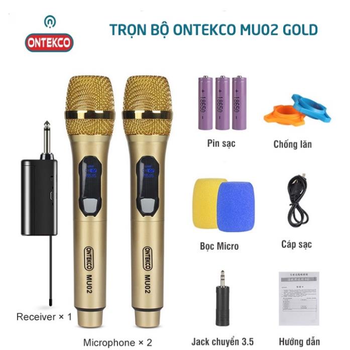 Bộ micro không dây ONTEKCO MU02 pin sạc, hát karaoke gia đình chuyên nghiệp, Bảo hành 12 tháng