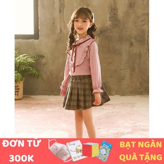 Set đồ cho bé gái - Áo sơ mi cổ bèo nơ kết hợp chân váy caro xếp ly Smartkids TE1466 (16-21kg)