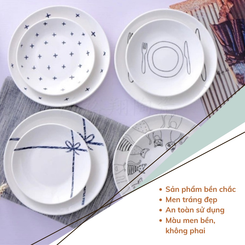 Đĩa gốm sứ YANDY HOME D04 hình tròn dĩa gốm màu trắng chữ cái trái tim men bóng đẹp dùng được trong lò vi sóng