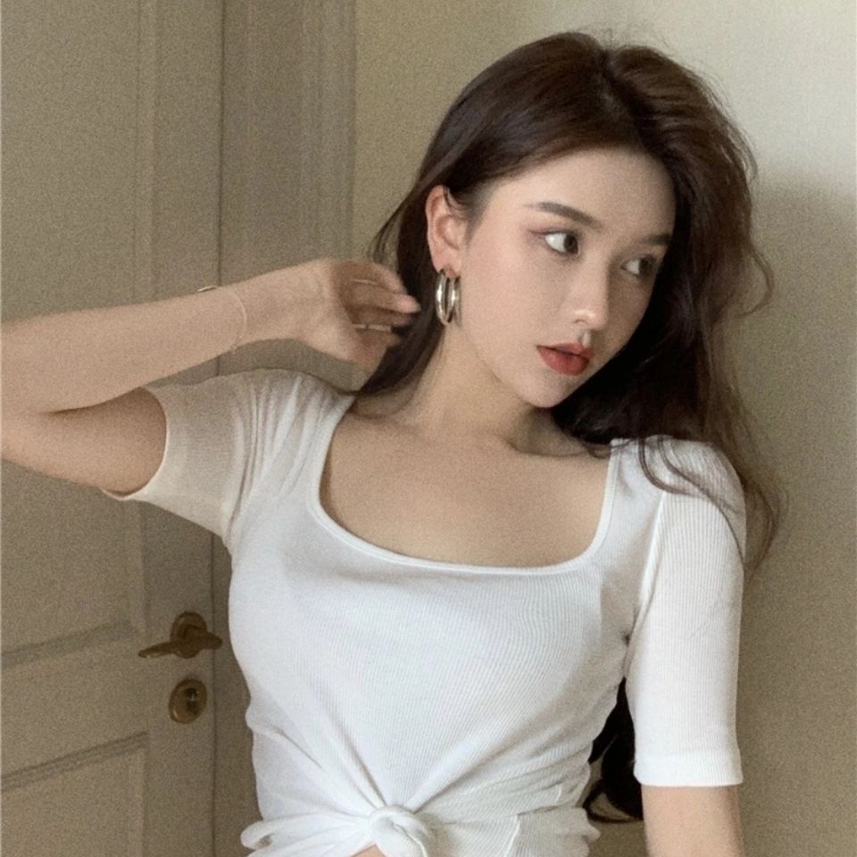 Áo Thun Dệt Kim Cổ Vuông Tay Ngắn Hở Vai Màu Trơn Thời Trang Dành Cho Nữ