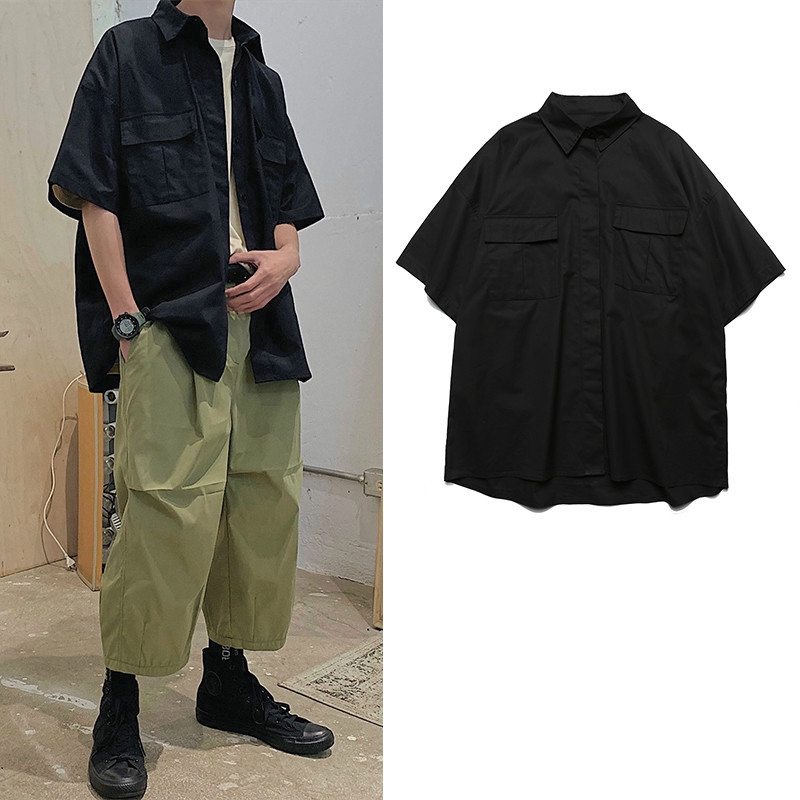 Áo sơ mi tay ngắn dáng rộng thiết kế nhiều túi phong cách thời trang dành cho nam