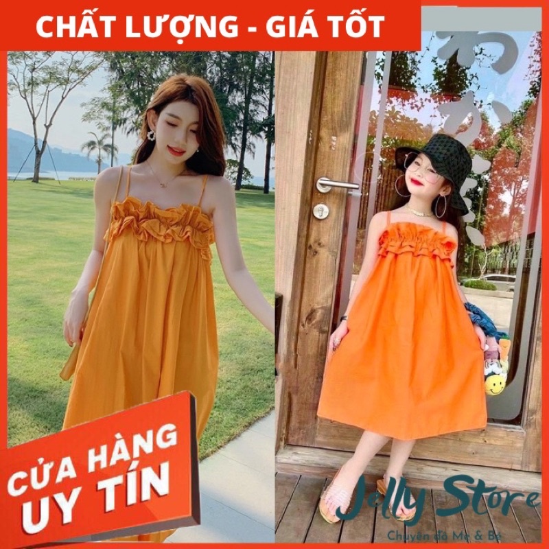 Set đồ đôi Mẹ và bé 2 dây cam cháy, chất cotton lụa xuông mượt tha thướt, kèm ảnh thật