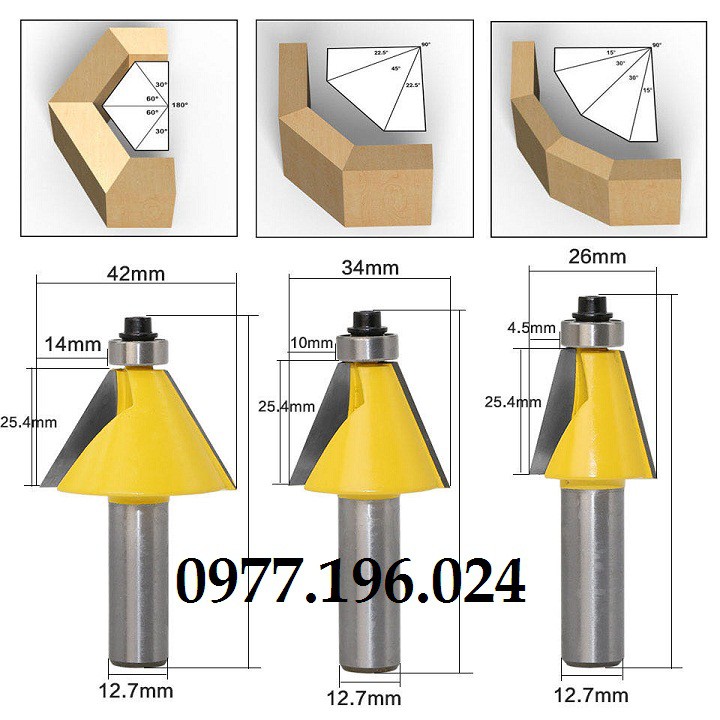 Bộ 3 mũi phay gỗ vát góc chéo 15 độ , 22,5 độ , 30 độ