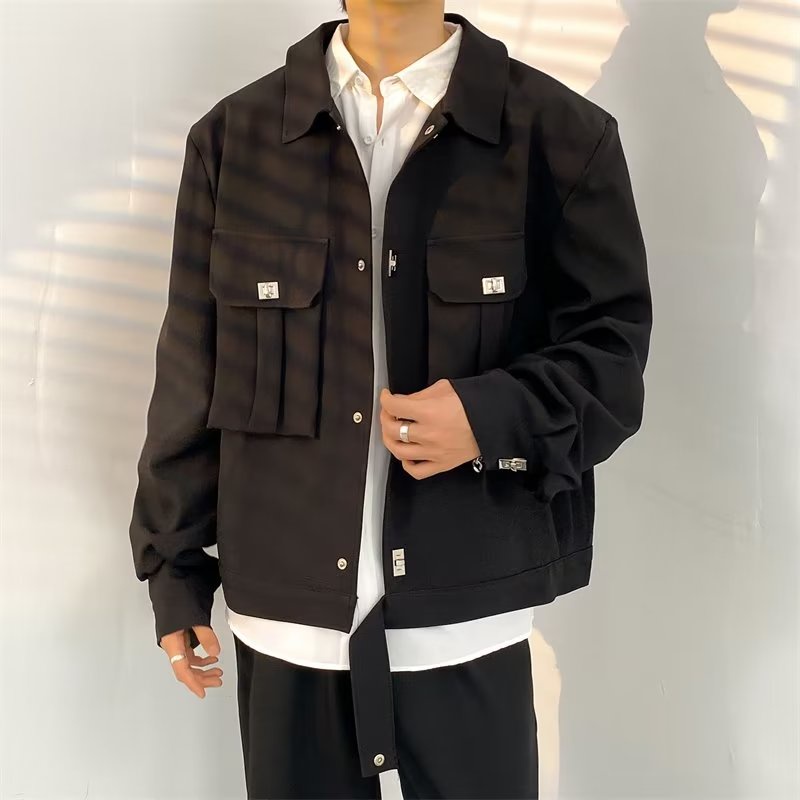 Áo Khoác Ngắn Dáng Rộng Màu Trơn Cài Nút Kim Loại Thời Trang Hàn Quốc Cho Nam simple Hàn Quốc áo khoác jacket nam fashion áo khoác bóng chày nam bigsize áo khoác bomber bóng chày from rộng