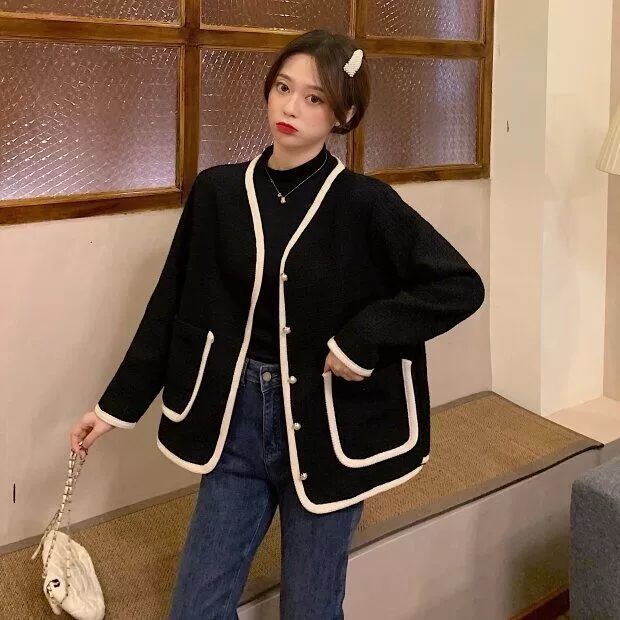 COZOK Áo khoác tay dài màu sắc tương phản phong cách Hàn Quốc