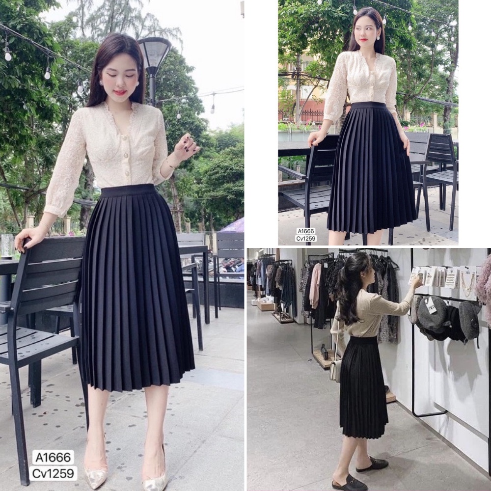 Chân váy nữ, chân váy dập ly dài màu đen freesize <54kg SKUCV-16A