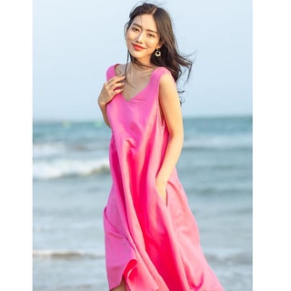 Đầm suông Linen bột Premium cổ tim sát nách đi biển trẻ trung, form suông rộng không kén dáng mặc