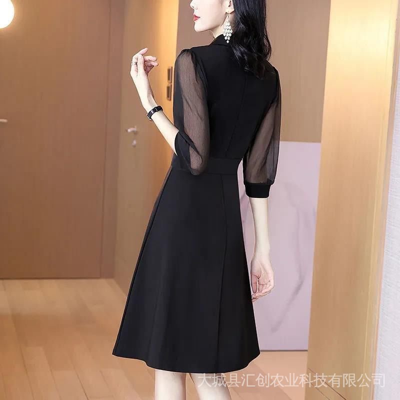 Đầm Đen Dáng Chữ A Tay Lửng Cổ Chữ V Phối Lưới Thời Trang Cho Nữ