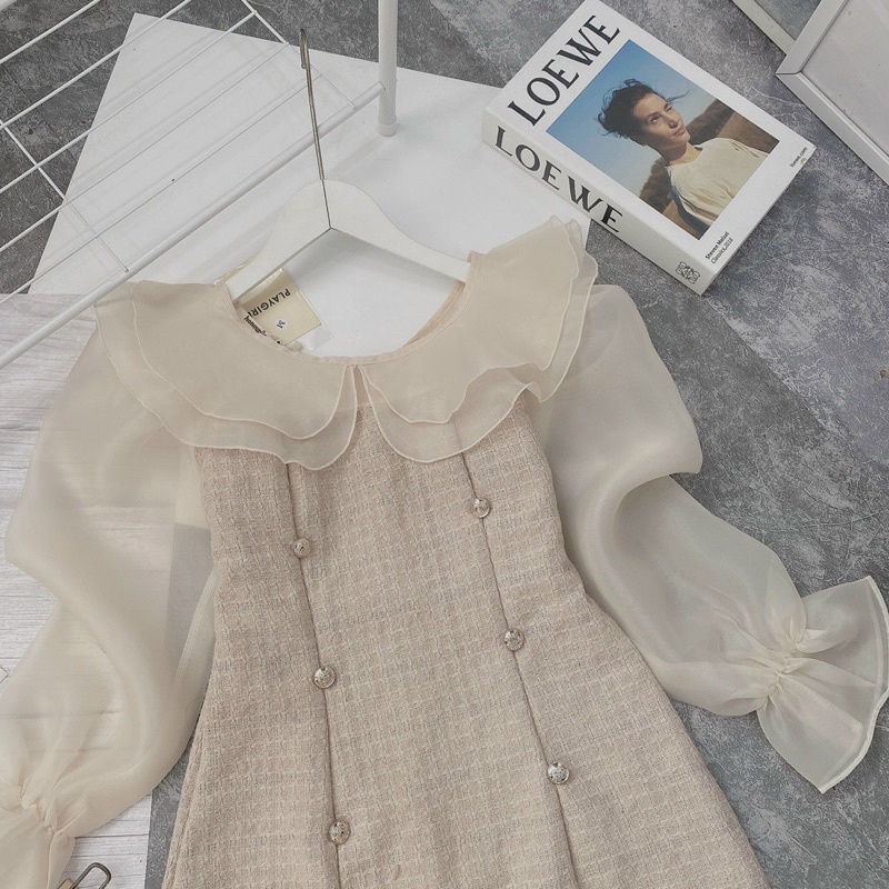 [THIẾT KẾ CAO CẤP]Váy dạ tweed tiểu thư phối tay phồng tơ organza đính nút ngọc chảnh,Váy dạ tweed ngọc tay phồng cổbèo | BigBuy360 - bigbuy360.vn