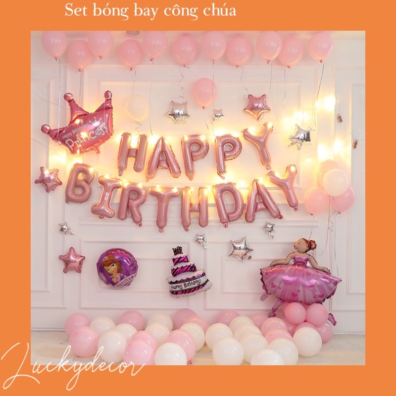(Có Kèm Dây Đèn Led) Set Bóng Bay Công Chúa Trang Trí Sinh Nhật Bé Gái Kute Kt08