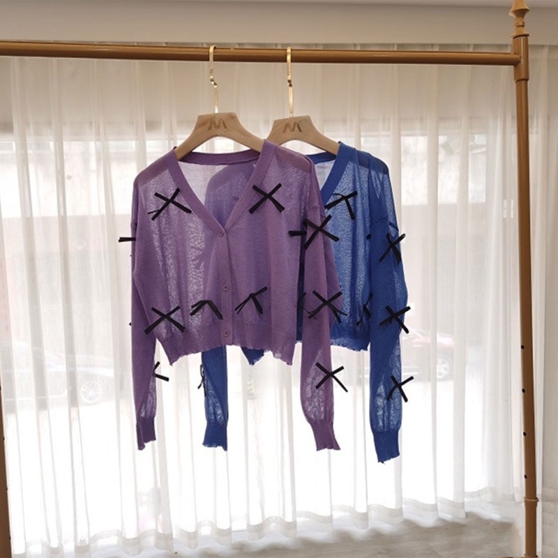 Áo Khoác Cardigan Dệt Kim Mỏng Tay Dài Chống Nắng Cài Nút Thắt Nơ Cho Nữ Bl