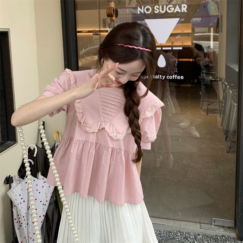 Áo Sơ Mi Tay Ngắn Dáng Rộng Cổ Búp Bê Phong Cách Hàn Quốc Thời Trang Mùa Hè Xinh Xắn Cho Nữ