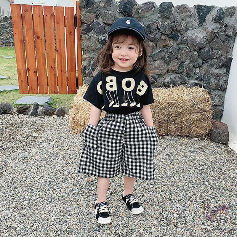 Set Áo Thun Tay Ngắn &amp; Quần Short Caro Cho Bé Gái