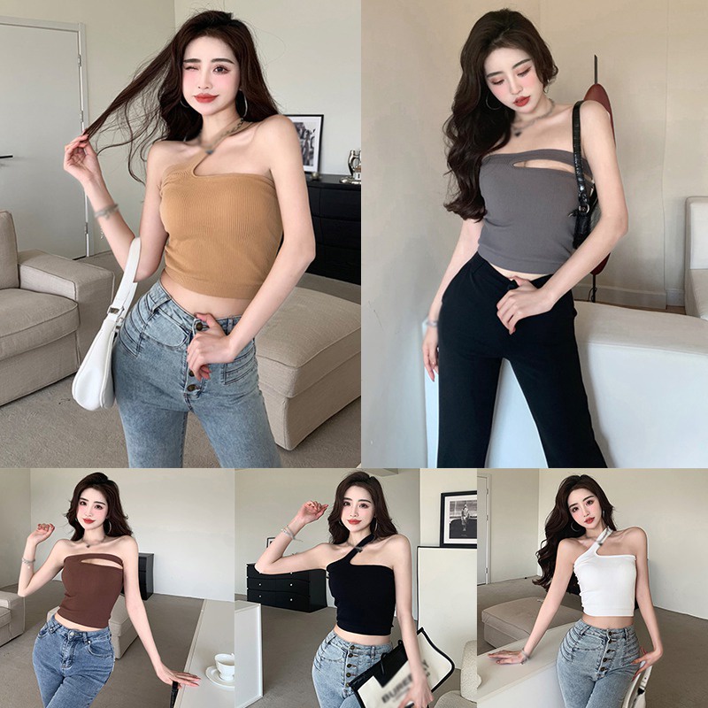 Áo Croptop Hai Dây Hở Vai Màu Sắc Trơn Có Đệm Ngực Phong Cách Hàn Quốc Dành Cho Nữ
