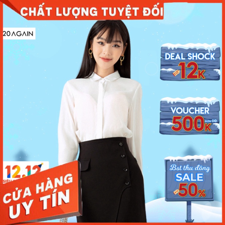 Áo sơ mi nữ dài tay cổ đức 20AGAIN, thiết kế công sở chất voan cáT ASA0143 - Hàng nhập khẩu