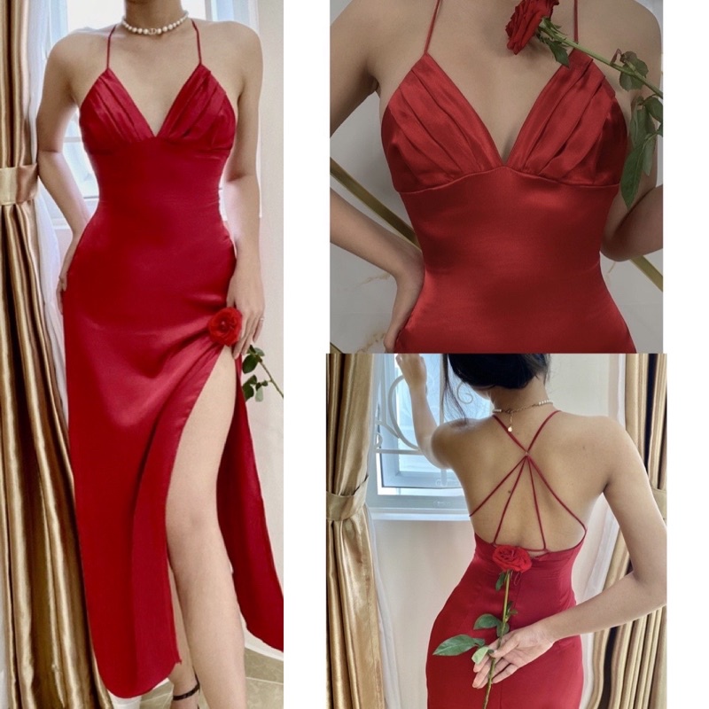 Đầm Lụa Dây Cột Xếp Ly Ngực Xẻ Đùi Cao Cấp - Váy Lụa Dây Cột Xẻ Đùi Dáng Dài Xếp Ly Cổ Tôn Ngực Tôn Dáng Sang Chảnh