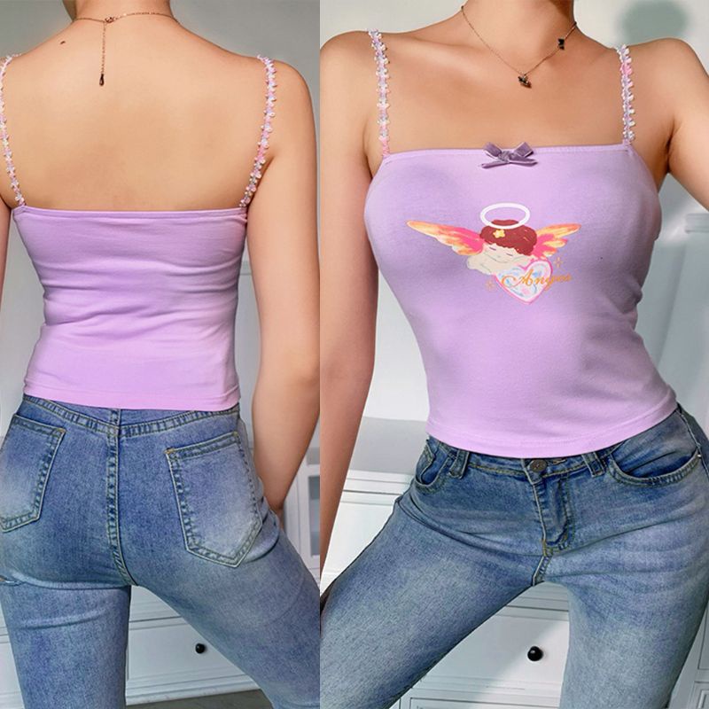 Áo Croptop Hai Dây Thắt Nơ In Họa Tiết Thiên Thần Cupid Dễ Thương Cho Nữ