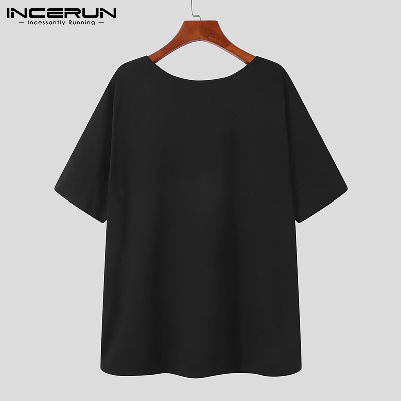 Áo thun INCERUN thiết kế tay ngắn cổ tròn màu đen thiết kế lỗ thời trang cho nam