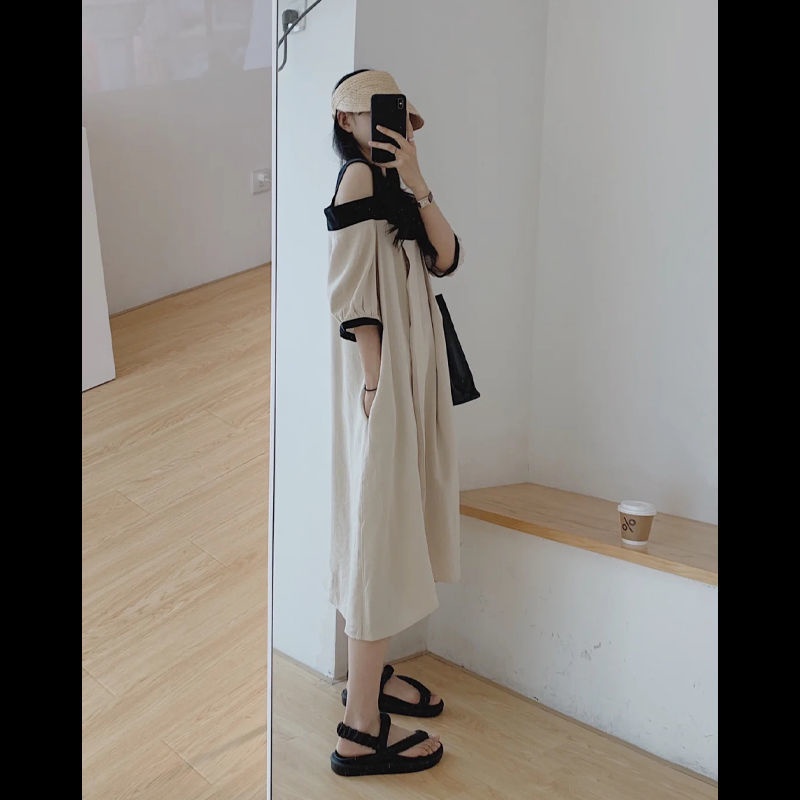 Đầm lười nhẹ không dây dài vừa phải khí chất sành điệu thời trang retro phong cách Hồng Kông cho nữ
