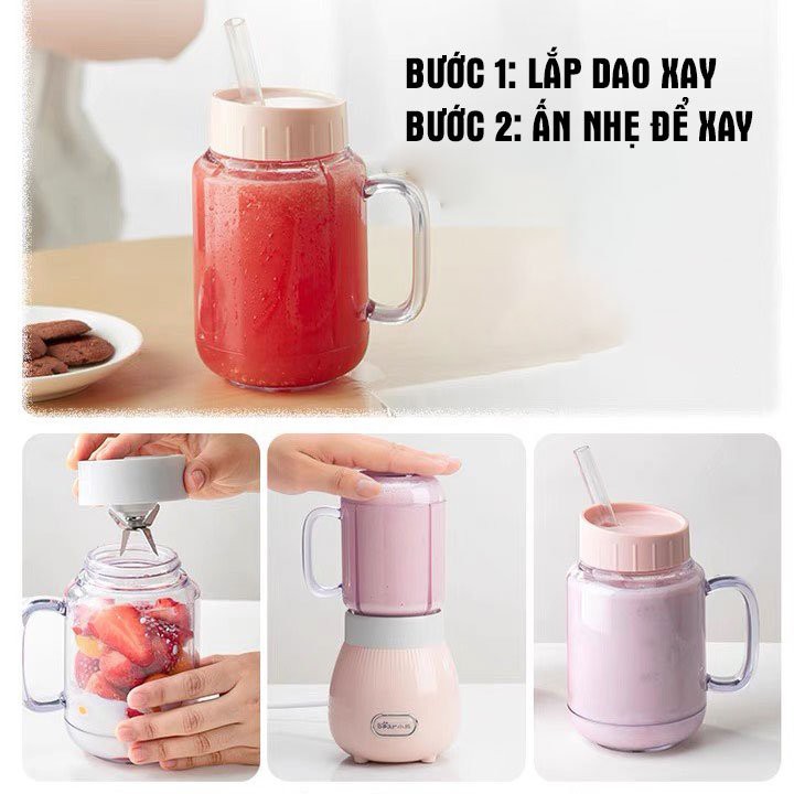 Máy xay sinh tố mini cầm tay BEAR- Dung tích 400ML, 4 lưỡi xay Inox- Nhỏ gọn, tiện lợi