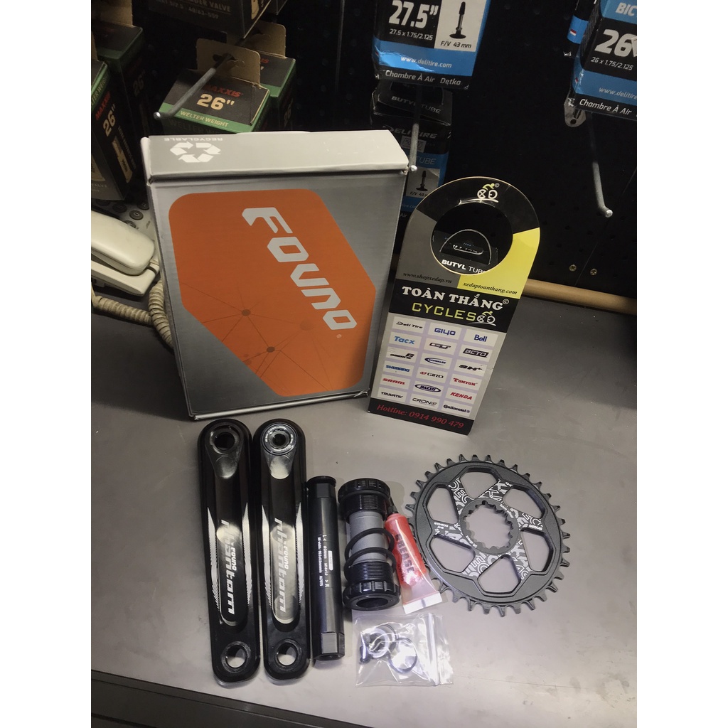 Full Bộ giò dĩa cốt rỗng xe đạp MTB Fovno Phantom kèm BB 170mm đĩa DecKas chuẩn GXP 32 34 36 38 răng tùy chọn(Màu đen)