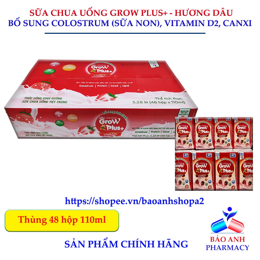 Sữa chua uống GROW PLUS+ Bổ sung Colostrum, Vitamin K2, giúp phát triển chiều cao, tăng đề kháng – Hương dâu – Thùng 48h