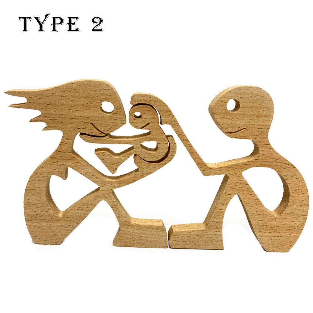 ☆YOLA☆ Office Wooden Sculpture Desk Mini Ornaments Sculpture Couple Family Carving Craft Gift Heart Lovers Kids Home Decor Statues Table Ornaments