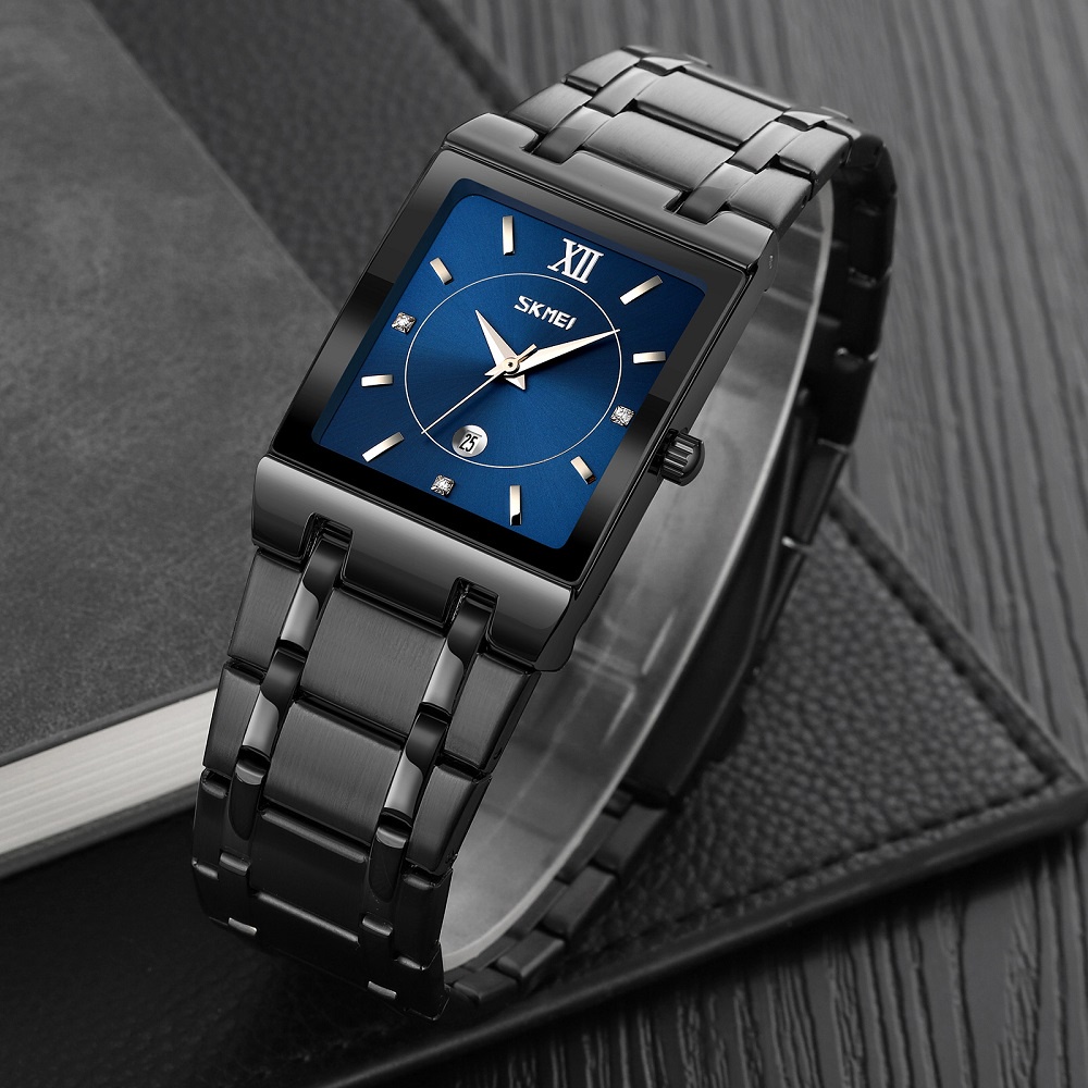 Đồng Hồ Đeo Tay Skmei Mặt Vuông Mạ Vàng Dây Thép Không Gỉ Chống Nước Thời Trang Cho Nam
