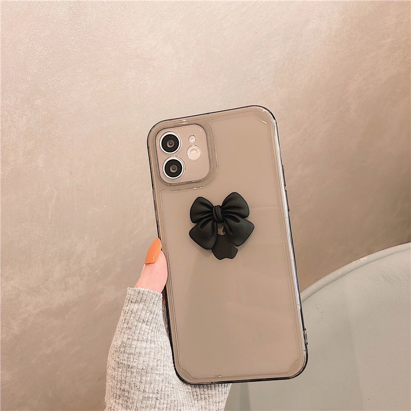 Ốp điện thoại trong suốt họa tiết nơ 3d màu đen cho iPhone 7/7p/8/8p/x/xs/xr/xsmax/11/12/13/pro/promax