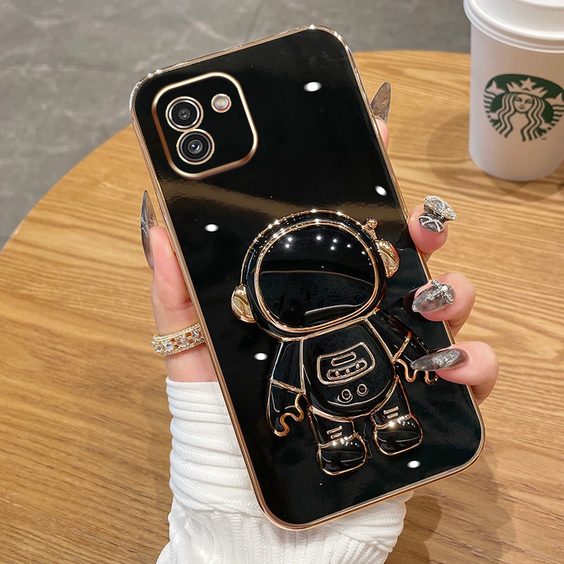 ốp lưng Giá đỡ phi hành gia mạ vàng sang trọng Giá đỡ tích hợp Vỏ mềm Tương thích với Cho SAMSUNG A03coro A01 A02 A02S A03 A03S A04 A04E A7 (2018) A23 Ốp silicon TPU màu trơn đơn giản case