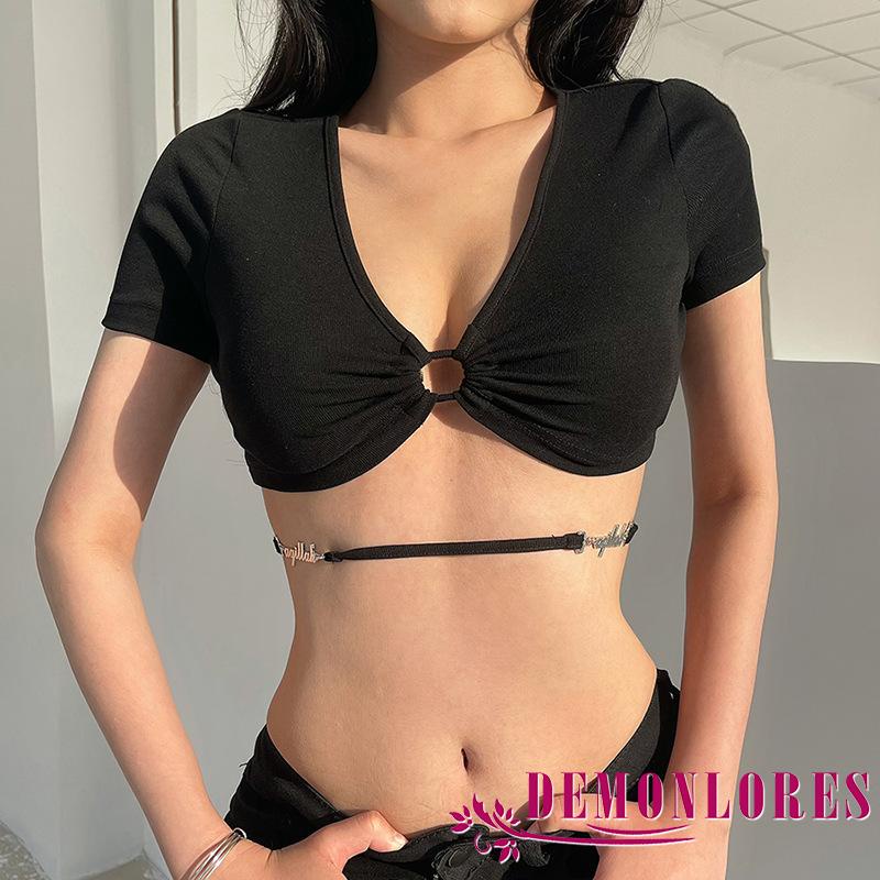 Áo Crop Top Tay Ngắn Cổ Chữ V Màu Trơn Thời Trang Dành Cho Nữ