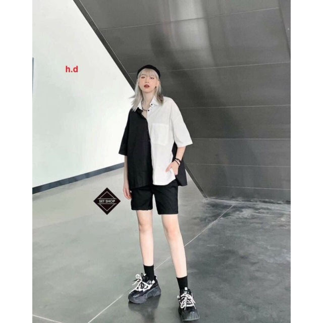 Áo sơ mi nữ tà đen tà trắngSơ mi phối đen trắng freesize ulzzang Thời trang công sở cá tính trend