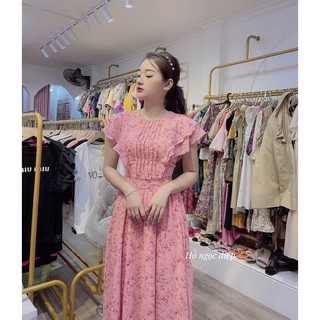 [HOT HIT]  Váy hoa hồng xếp ly ngực bèo cánh tiên dáng maxi - đầm maxi - đầm xếp ly - đầm hoa hồng - đầm cánh tiên