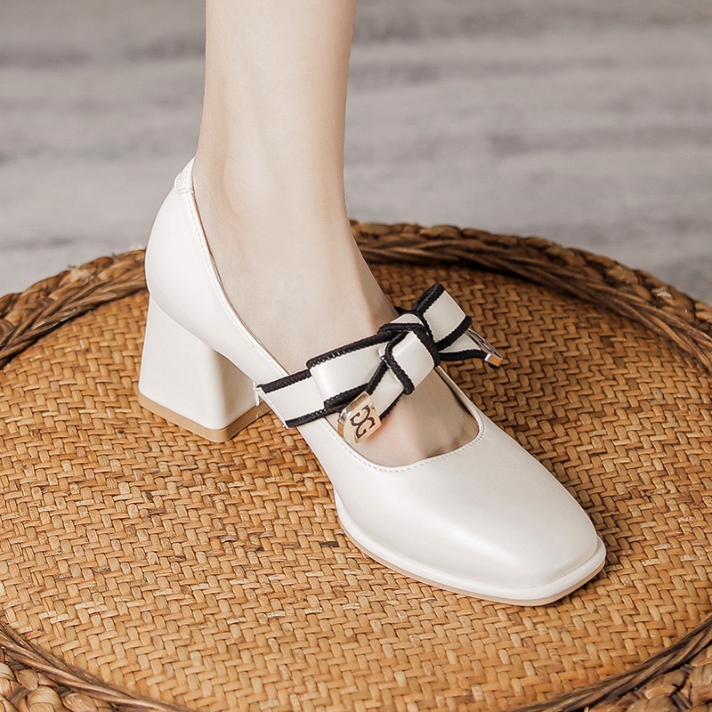 Giày Cao Gót 5Cm Chất Liệu Da Mềm Đế Bằng Mũi Vuông Phong Cách Lolita Thời Trang Cho Nữ