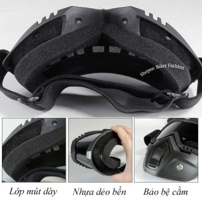 Bộ kính bảo hộ cao cấp, mặt nạ beon, mặt nạ phượt dùng cho mũ 3/4 cực chất, kính chống dịch, gió bụi và chống nước