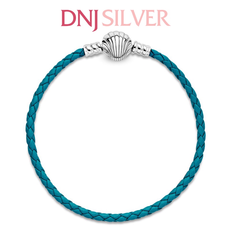 Vòng tay bạc 925 cao cấp - Mẫu Seashell Clasp Turquoise Braided Leather, dây da xanh nước biển, mix được charm
