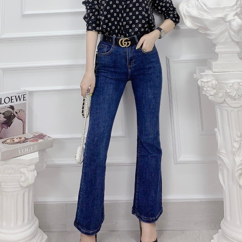 Quần jean nữ ống loe 9 tấc lưng siêu cao 1 cúc màu xanh da trời đậm 6205