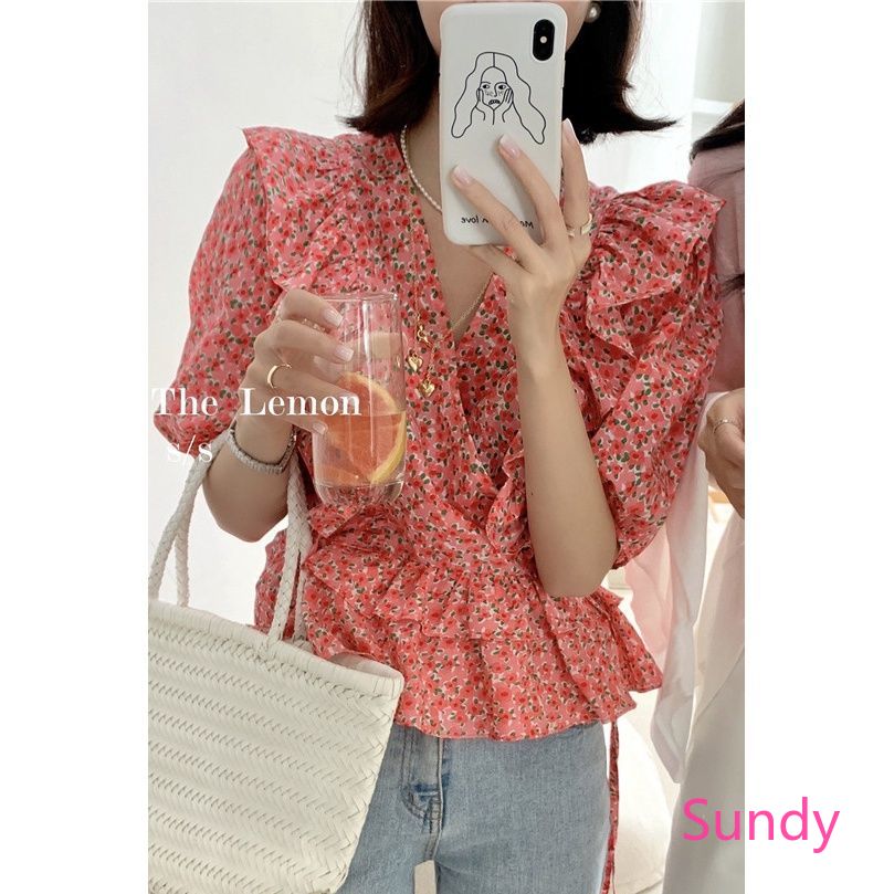 Áo Croptop Tay Phồng In Họa Tiết Hoa Phong Cách Retro Nữ Tính