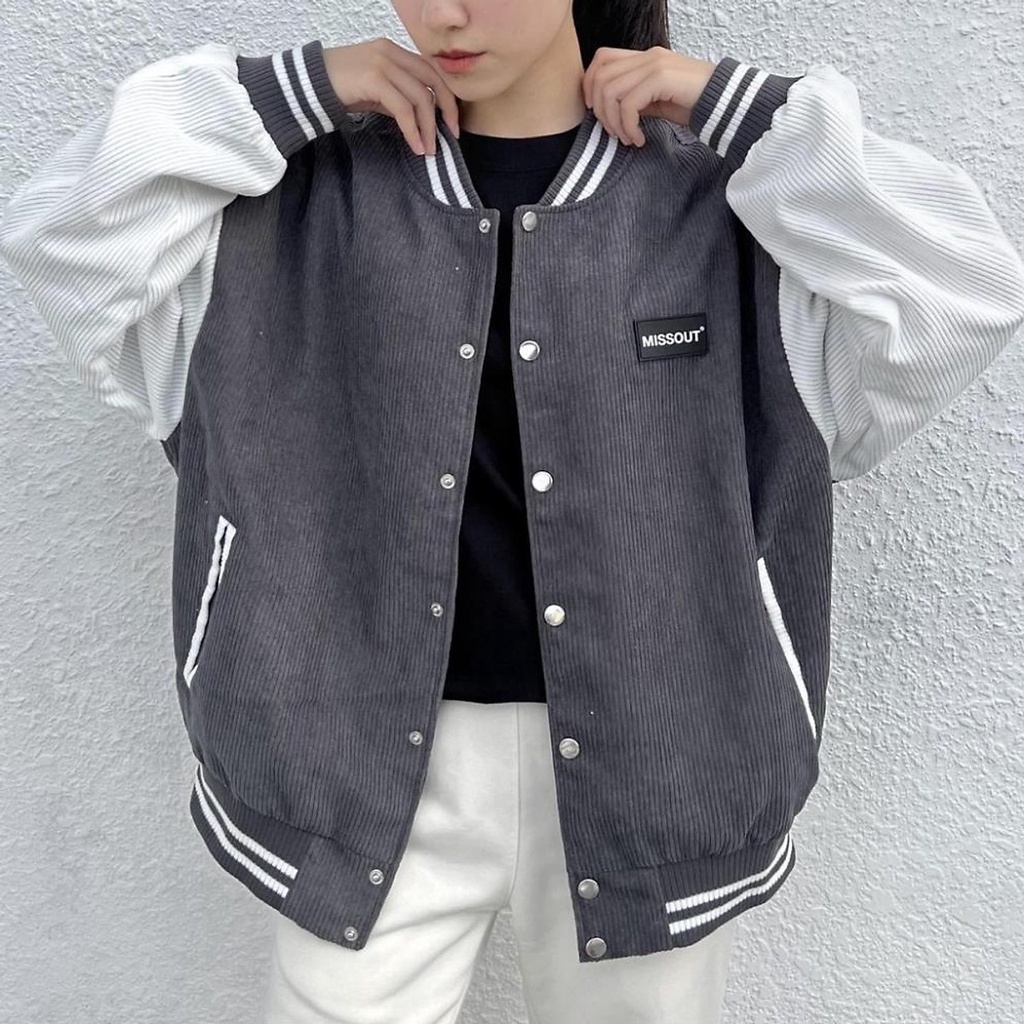 Áo Bomber Miss.out màu ĐEN PHỐI TRẮNG chất nhung gân Nam nữ unisex