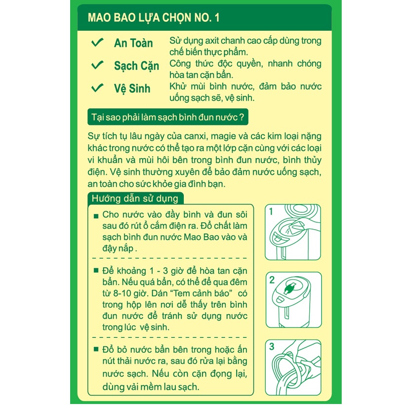 Combo Nước Giặt Baking Soda Mao Bao 2Kg + Chất Vệ Sinh Lồng Máy Giặt 306g + Chất Làm Sạch Bình Đun Nước 25gx2