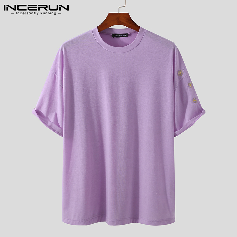 Áo Thun T-shirt INCERUN Dành Cho Nam Thiết Kế Tay Ngắn Thêu Hình Đơn Giản Trơn Màu