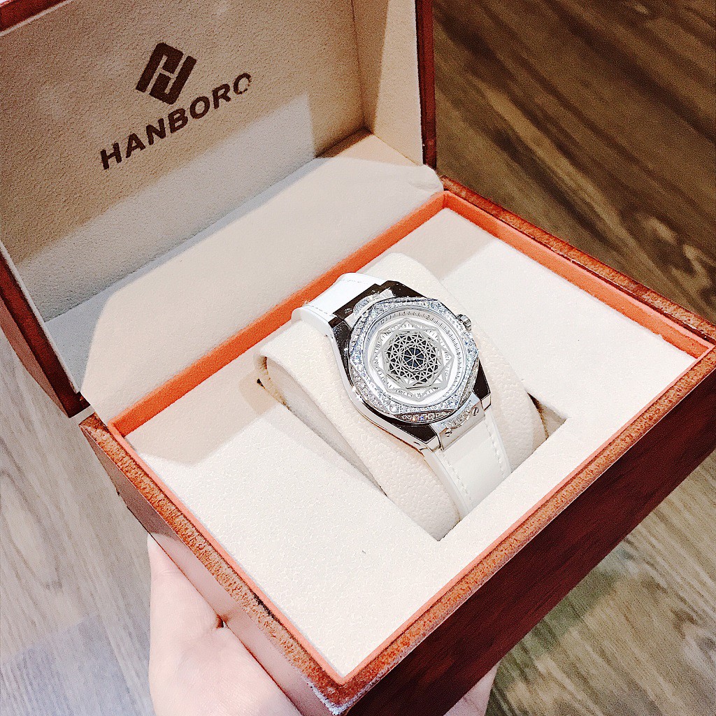 Đồng Hồ Huboler Hanboro Nữ Dây Silicon Bọc Da Trắng Silver Authentic 38mm