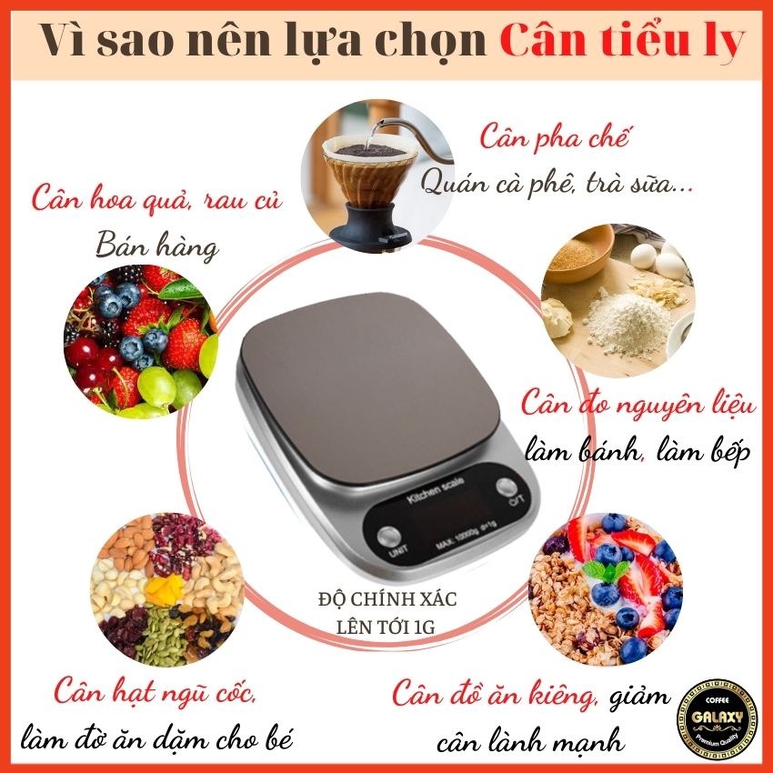 Cân Tiểu Ly Điện Tử Cao Cấp Nhà Bếp Mini Galaxy Coffee Định Lượng 1kg 3kg 5kg 10kg Cân Tiểu Li Tặng Kèm Pin