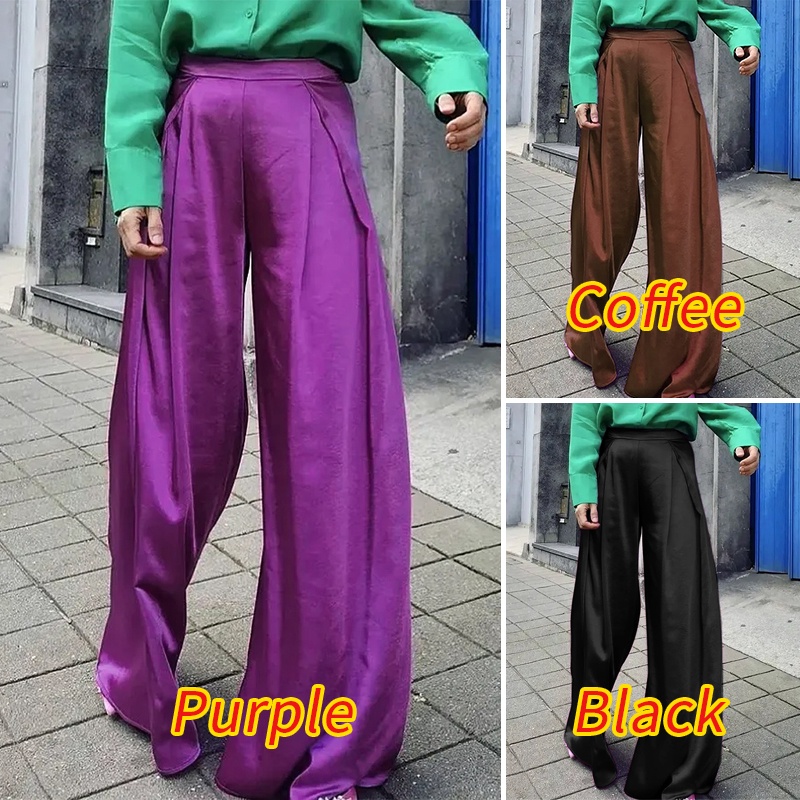 Zanzea Quần Dài Ống Rộng Xếp Ly Vải Satin Lưng Thun Co Giãn Dành Cho Nữ