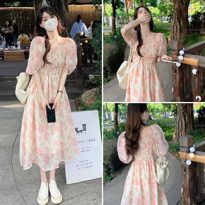 Đầm hoa nhí vintage tiểu thư ROSIE dáng dài nhún ngực hoa hồng