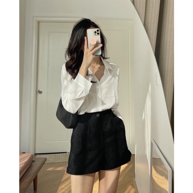 Áo sơmi lụa form rộng dáng suông basic Hàn Quốc